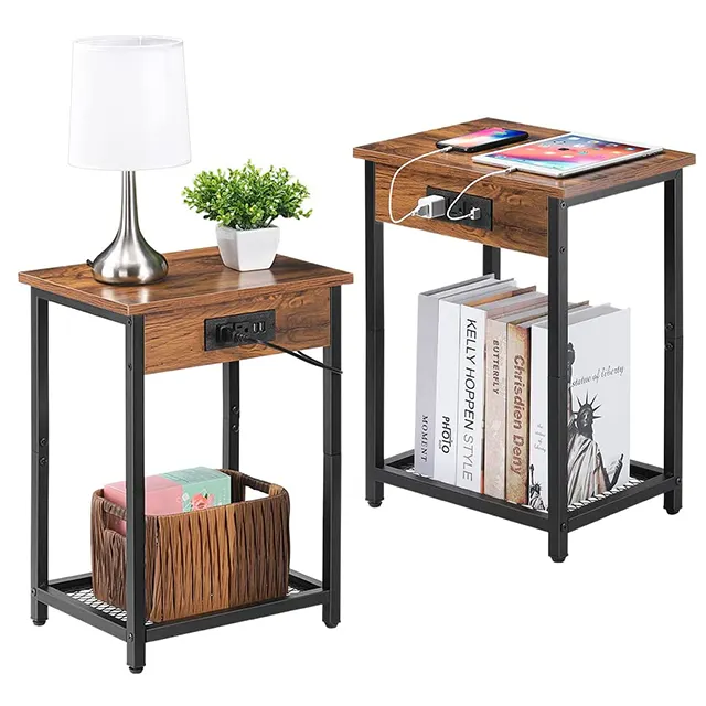 Nightstand with charging station and USB port Narrow side table Bedroom with storage rack