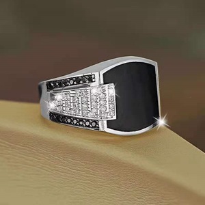Bague géométrique pour homme, or et argent, sertie de pavés, incrustation noire, style hip-hop, cadeau de bijoux - Product Image 4