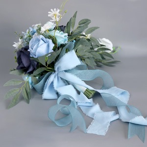 Simulazione di seta blu rosa fiori artificiali di nozze foto Bouquet di nozze sposa gocce d'acqua fiore fiocco nastro festa della mamma - Product Image 2