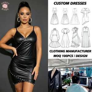 Mini-robe en cuir PU noir pour femmes, col en V, ornée de cristaux, bretelles spaghetti, robe moulante pour soirée en boîte de nuit - Product Image 1