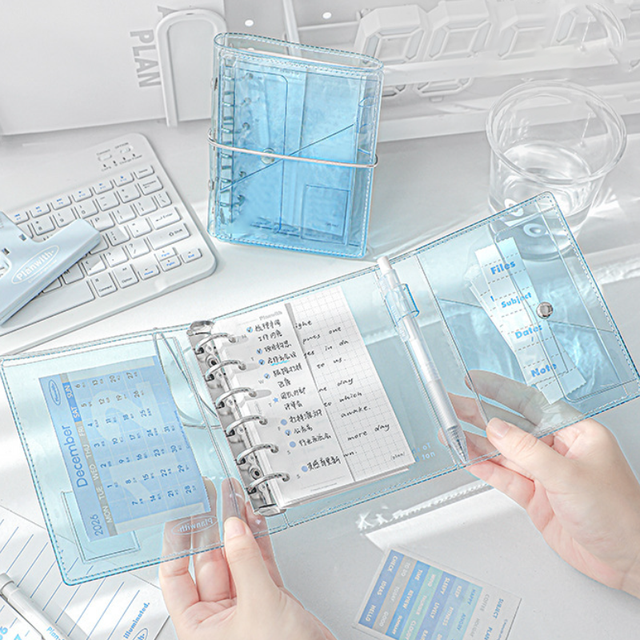 Transparent PVC Binder Notebook Cover with 6-Ring Planner Case with Multi-Pockets Mechanism Clear Journal Shell for Students