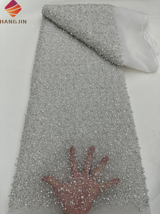 Nouvelle Mode <span class=keywords><strong>Tissu</strong></span> de Dentelle de Luxe à Broderie Lourde, Tulle Français Perlé et Pailleté avec des Perles pour Robe de Mariée - Product Image 5