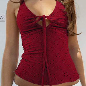 Top camisole pour femme, texture ajourée, cordon de serrage, nœud, coupe ajustée, sans manches, col en V, devant à nouer, couleur unie, tendance - Product Image 3