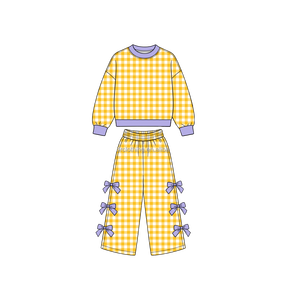 Conjunto de Yoga para Niñas con Pantalones Anchos y Lazo Lateral, Top de Manga Larga con Cuello Redondo y Pantalones a Cuadros Azules, Conjunto de Dos Piezas - Product Image 2