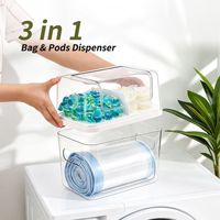 Organisateur de capsules de lessive 2-en-1 et distributeur de sacs poubelles, boîte de rangement transparente empilable avec couvercle rabattable pour l'organisation de la buanderie