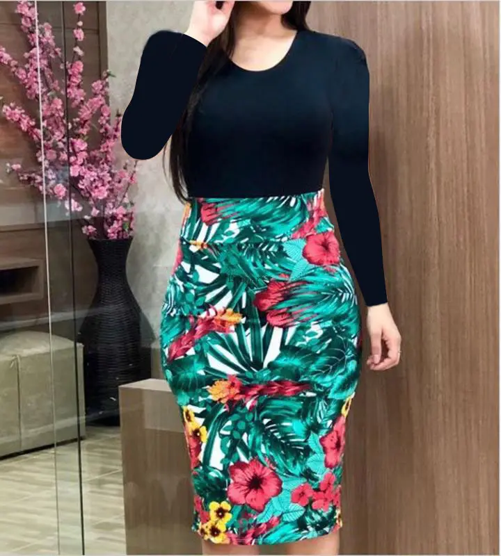 s-5xl Over Sized Sexy Floral Pencil Dresses long Sleeve Casual Evening Party Dress Elegant Women Dresses coparty