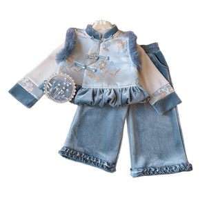 Traditional Chinese Girls Three Piece Set Fleece Lined Vest With Embroidery Party Wear - Product Image 5