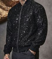 Blouson aviateur zippé à paillettes surdimensionné pour hommes, veste à paillettes de baseball à manches longues noire à la mode pour fête