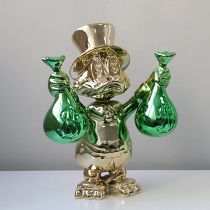 Electroplating Gold Color Duck with Money Bags Resin Sculpture Cartoon Art Statue Fiberglass Pop Statue for Home Decoration
