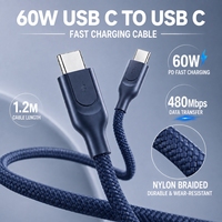 Câble USB C vers USB C 60W 3A 1,2 m en nylon tressé, charge rapide PD, type C pour téléphone portable, batterie externe