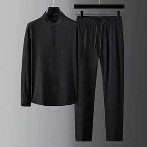 Ensemble Sportif <span class=keywords><strong>Homme</strong></span> Printemps : <span class=keywords><strong>Chemise</strong></span> et <span class=keywords><strong>Pantalon</strong></span> Rayés Plissés à Col Montant en Polyester/Coton, Séchage Rapide, Tricoté Sans Coutures, Thermocollé - Product Image 1