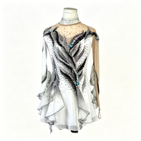 Costume de patinage artistique blanc et noir à motifs encre et strass, manches évasées, pour filles et adultes, performance de danse sur glace