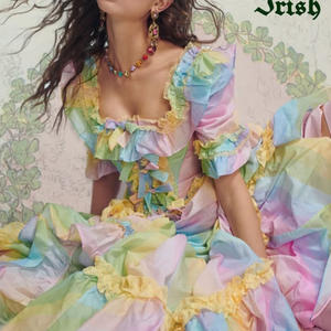 Abito Elegante da Donna in Tessuto Intrecciato con Stampa <span class=keywords><strong>Arcobaleno</strong></span> Personalizzata, Maniche Corte a Palloncino, Bottoni, Colore Rosa, Produzione all'Ingrosso - Product Image 6