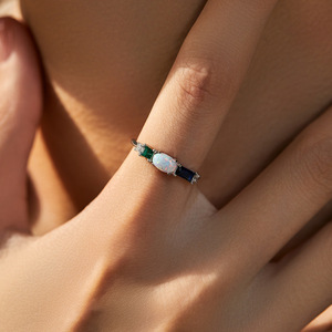 Three Stone Opal <b>Ring</b> 925 Sterling <b>Silver</b> Prong Setting <b>Emerald</b> Sapphire Diamond Women's Classic Engagement <b>Ring</b> - Product Image 3