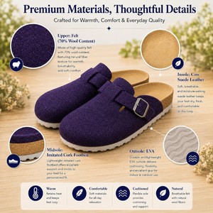 Fashion Ladies' <b>Wool</b> Felt Clogs Suede Leather Midsole Slip On Closed Toe EVA Sole Warm <b>Slippers</b> for Autumn Winter Indoor - Product Image 2
