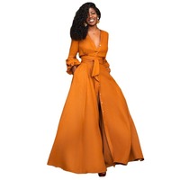 Robe longue Droma européenne et américaine à la mode, sexy, à col en V profond, avec boutons et fermeture à la taille.