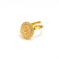 Vintage Sonnenstrahlen-Dekor Rosa Ovaler Eingelegter Perlenbesetzter Ring mit Wellenrand, Verstellbarer Offener Ring, Edelstahl Modeschmuck Ring
