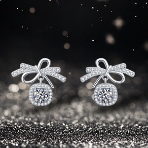 Fashion Rhodium Geometric White Copper <b>Silver</b> Bow Knot <b>Studs</b> Jewelry Square Bezel <b>Set</b> Cut Cubic Zirconia Drop <b>Earrings</b> Gift - Product Image 2