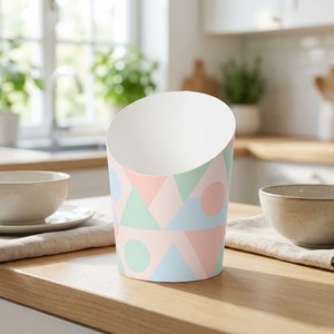Vasos de papel desechables inclinados sin PFAS para snacks de cine, vasos para papas fritas con borde plano, de fábrica - Product Image 1