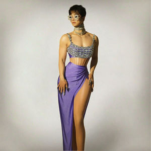 Sexy diamanten tanktop met hoge split, gerimpelde rok, 2-delige set, dames verjaardag, gala, bodycon, sleepjurk, avondfeestjurk - Product Image 3