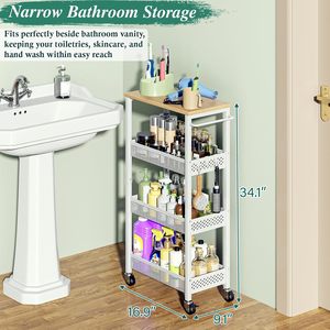 CF 9.1 Inch Ultra Slim Narrow Gap Metal <strong>Wood</strong> 4 Tier Mobile Kitchen Pantry <strong>Shelving</strong> Utility Rolling <strong>Storage</strong> Cart for Bathroom - Product Image 2