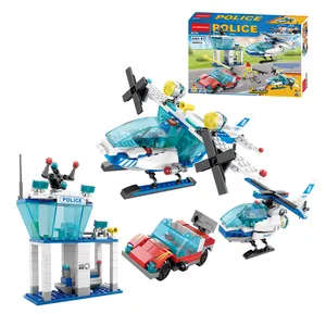 Lelebrother city police helicopter car model DIY construction toys police command station building blocks sets for boy