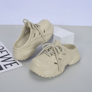 Cream Color <b>Plastic</b> <b>Clogs</b> With Lace up Design Thick EVA Sole Breathable Slip on for Women All Seasons - Product Image 3