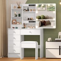 Table de toilette moderne en bois blanc avec cinq tiroirs et miroir de maquillage éclairé - Ensemble de table de toilette pour chambre à coucher