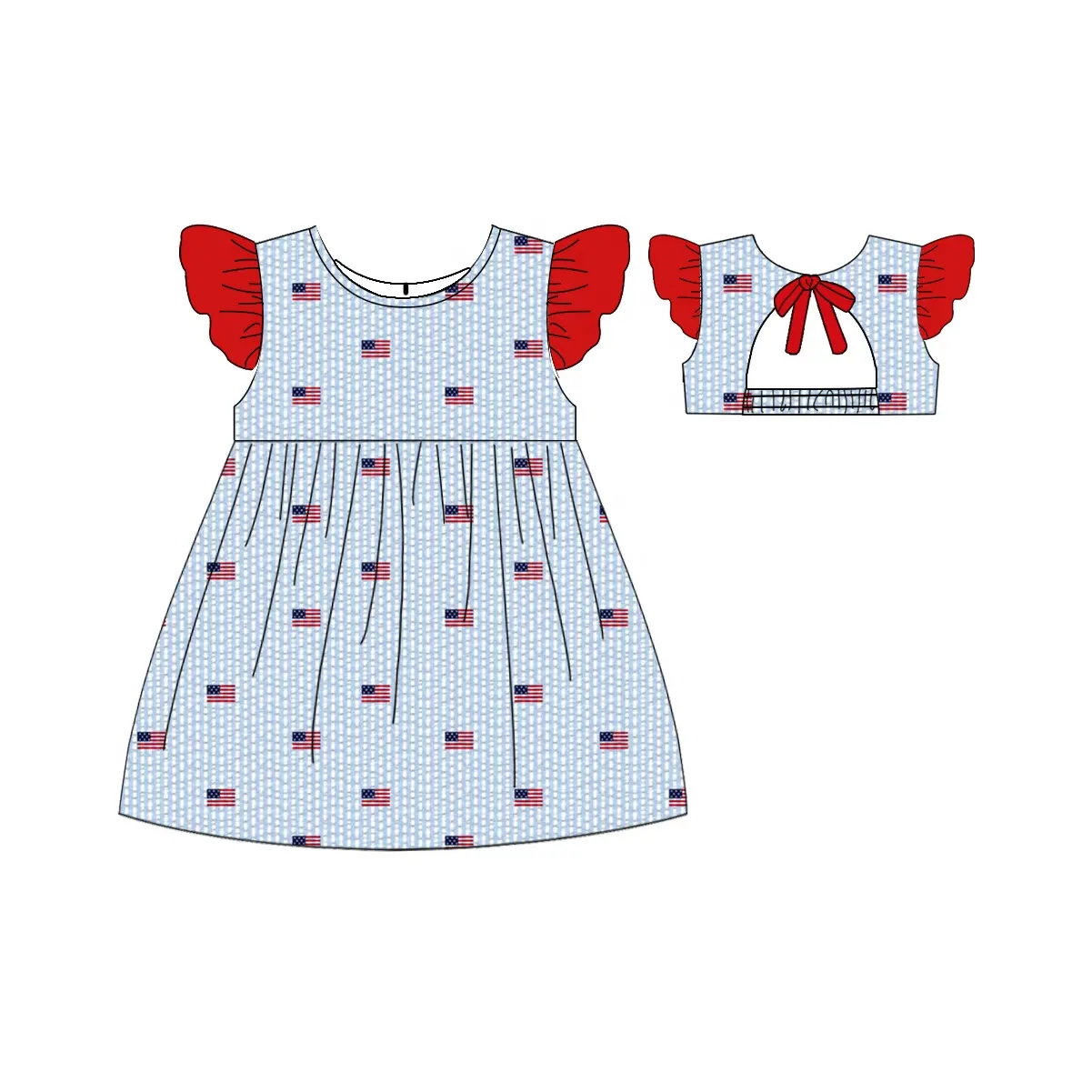 Puresun özel tasarımlar 4th temmuz çocuk giyim bağımsızlık günü bebek kız giyim pamuk elbise bayrağı nakış