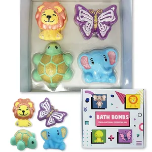 Top Sales OEM Organic Funny Animal Turtle Elephant Lion Butterfly Shape Box Gift Set Kit Bath Fizzy Bubble Bath Fizzy Bath Bombs