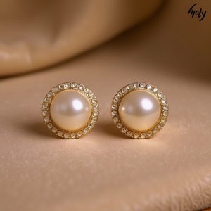 Orecchini a perno Hyoly con perle finte, placcati oro, rotondi, bianchi AAA, con montatura a castone, gioielli classici da donna per matrimonio - Product Image 2