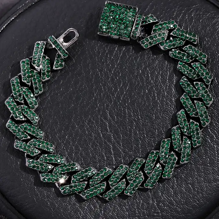 New Gothic Quenched Green Cuban Necklace Men Iced Out Chain Choker Men's  Punk Gun Black Copper Rhinestone Bracelet Jewelry Gift
