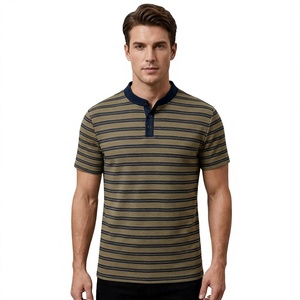 T-shirt à manches courtes en tricot rayé pour homme, avec bordure contrastée, logo sur le devant, coupe classique, décontracté, mélange de coton, été - Product Image 1