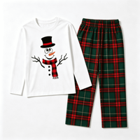 Ensemble de pyjamas de Noël personnalisés en tissu écossais vert avec motif bonhomme de neige, taille élastique, vêtements de nuit en polyester pour hommes, femmes et enfants