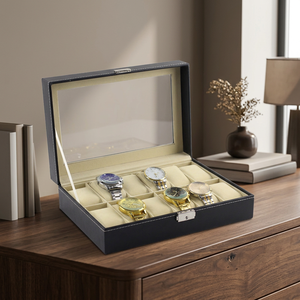 Leatherette Rectangle Watch <b>Box</b> 12-Slot Snap Closure Dustproof Faux Suede Interior - Product Image 4