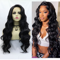 AliLeader Wig Rambut Sintetis Tahan Panas, Model Loose Body Wave Panjang, Warna Hitam, Serat Tahan Suhu Tinggi, Pre Plucked, Lace Front, Laris Manis