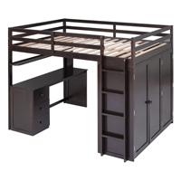 Lit mezzanine pleine grandeur avec tiroirs, bureau et armoire, lit mezzanine multifonctionnel en pin, expresso
