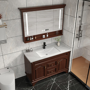 Modern Walnut Bathroom Vanity Cabinet with LED <b>Mirror</b> Waterproof & Moisture Proof Custom Size Available - Product Image 5