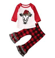 Leopard Raglan Shirt Plaid Leggings 2 Stück Set Frohe Weihnachten Kinder Mädchen Rüschen Outfits