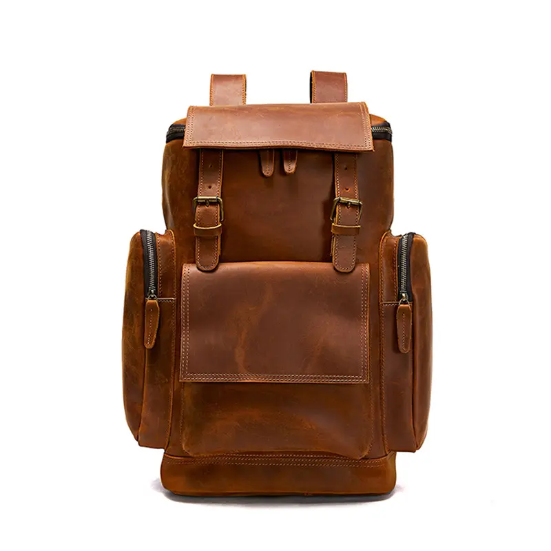 Mochila de couro genuíno para homens de cavalo louco vintage, bolsa de uso diário em couro para laptop com logotipo personalizado de fábrica por atacado