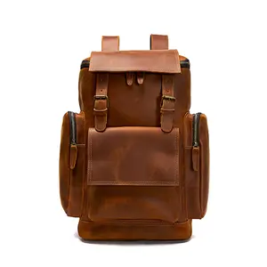 Factory Wholesale Custom Logo Laptop Leather Daily Use Outdoor Bag Pack Vintage Crazy Horse Men Genuine Leather Backpack
