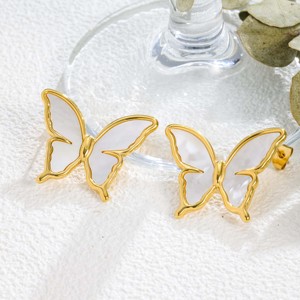 1 Paire de Boucles d'Oreilles Créoles Papillon en Acier Inoxydable Doré avec Incrustation Naturelle de Nacre, Tendance, Élégantes et Polyvalentes pour Soirées - Product Image 1