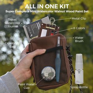 Mini Aquarel Verfset Met Walnoot Houten Doos 8 Kleuren Borstels Water Cup Reiszak Kit Met Tas Voor Kunstenaars - Product Image 6