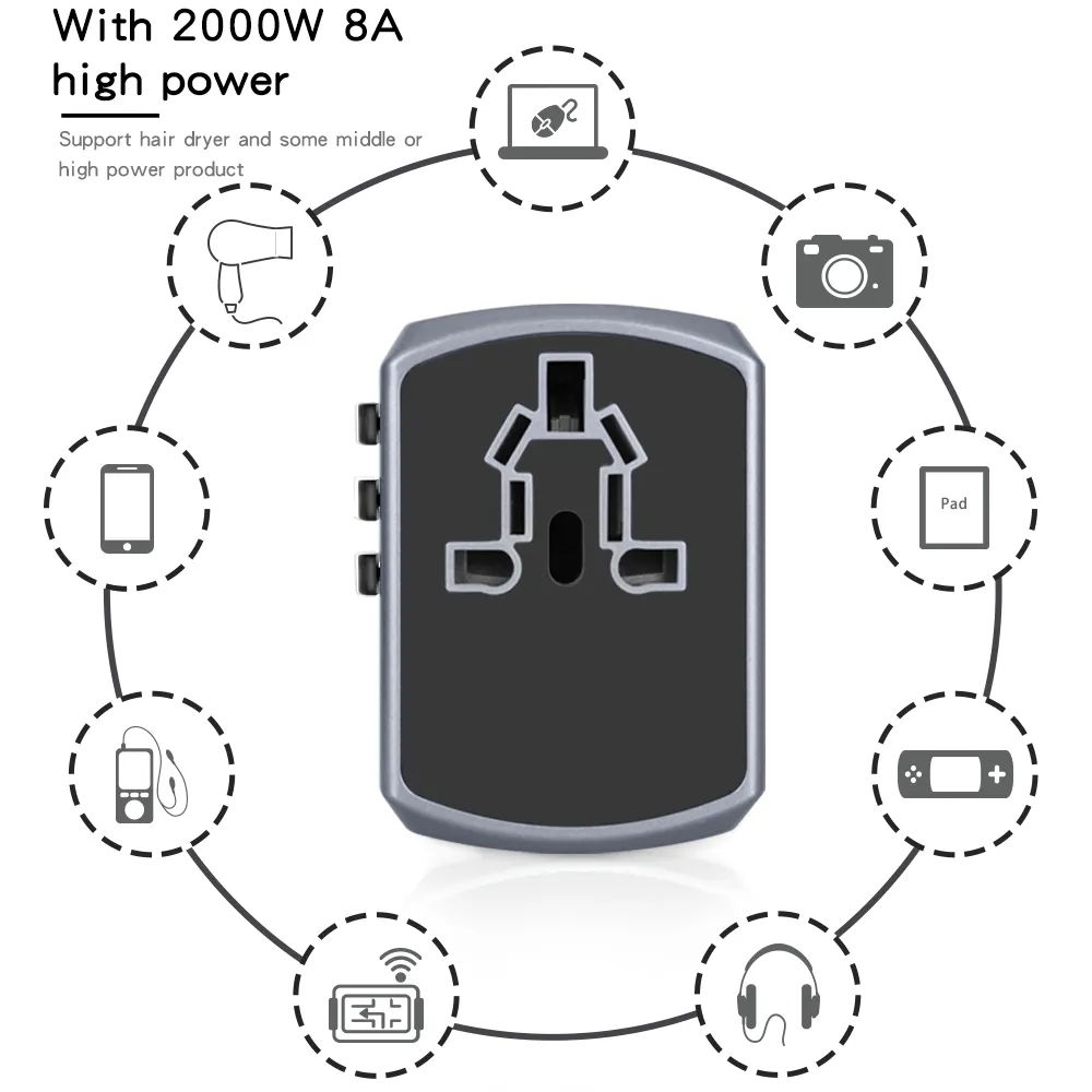 यूएसए ईयू यूके ट्रैवल एडाप्टर के लिए 2.4 ए स्मार्ट पावर और यूएसबी टाइप-सी के साथ व्यापक रूप से प्रयुक्त इंटरनेशनल वॉल चार्जर एसी प्लग एडाप्टर