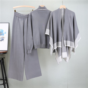 Ensemble de chandail tricoté pour femme avec châle et pantalon large, tenue trois pièces, mode printemps automne, vêtements décontractés - Product Image 3