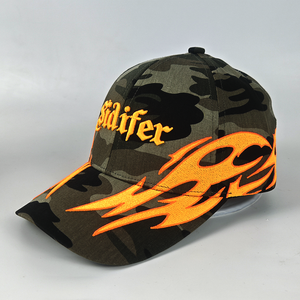 Cappellino da Baseball con Logo Personalizzato, Ricamo 3D, Design con Lettere Mimetiche, Fiamma Arancione Ricamata, Streetwear Unisex, Cappello Snapback 100% - Product Image 1