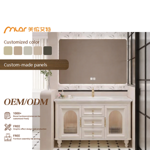 Mueble de Baño de Roble Estilo Americano Color Crema Francés con <span class=keywords><strong>Espejo</strong></span> Inteligente, Lavabo Integrado de Cerámica Impermeable y Superficie de Piedra - Product Image 1
