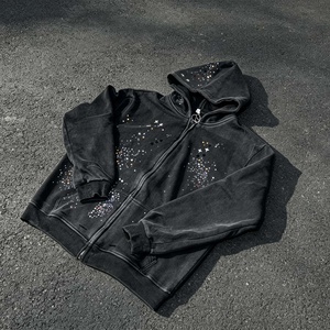 Oversized Vintage Hoodie Streetwear Full <b>Zip</b>-up Cotton French Terry Winter Rhinestone Hoodies for Men - Product Image 3