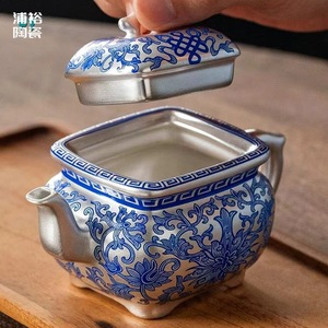 Silver Gilded Square Teapot Porcelain Kung Fu Tea Set With Lid Dehua Origin Gift Box <b>One</b> Teapot Two <b>Cups</b> - Product Image 3