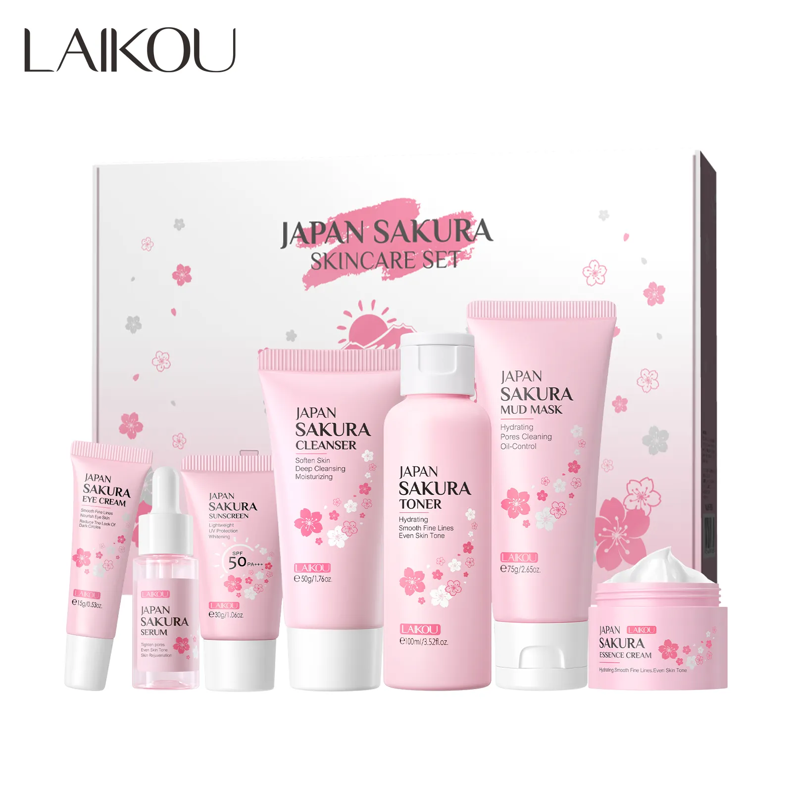 LAIKOU, Japón, Sakura, crema hidratante blanqueadora, suero Facial, reduce los poros, Control de aceite, nicotinamida, 7 Uds., conjunto para el cuidado de la piel